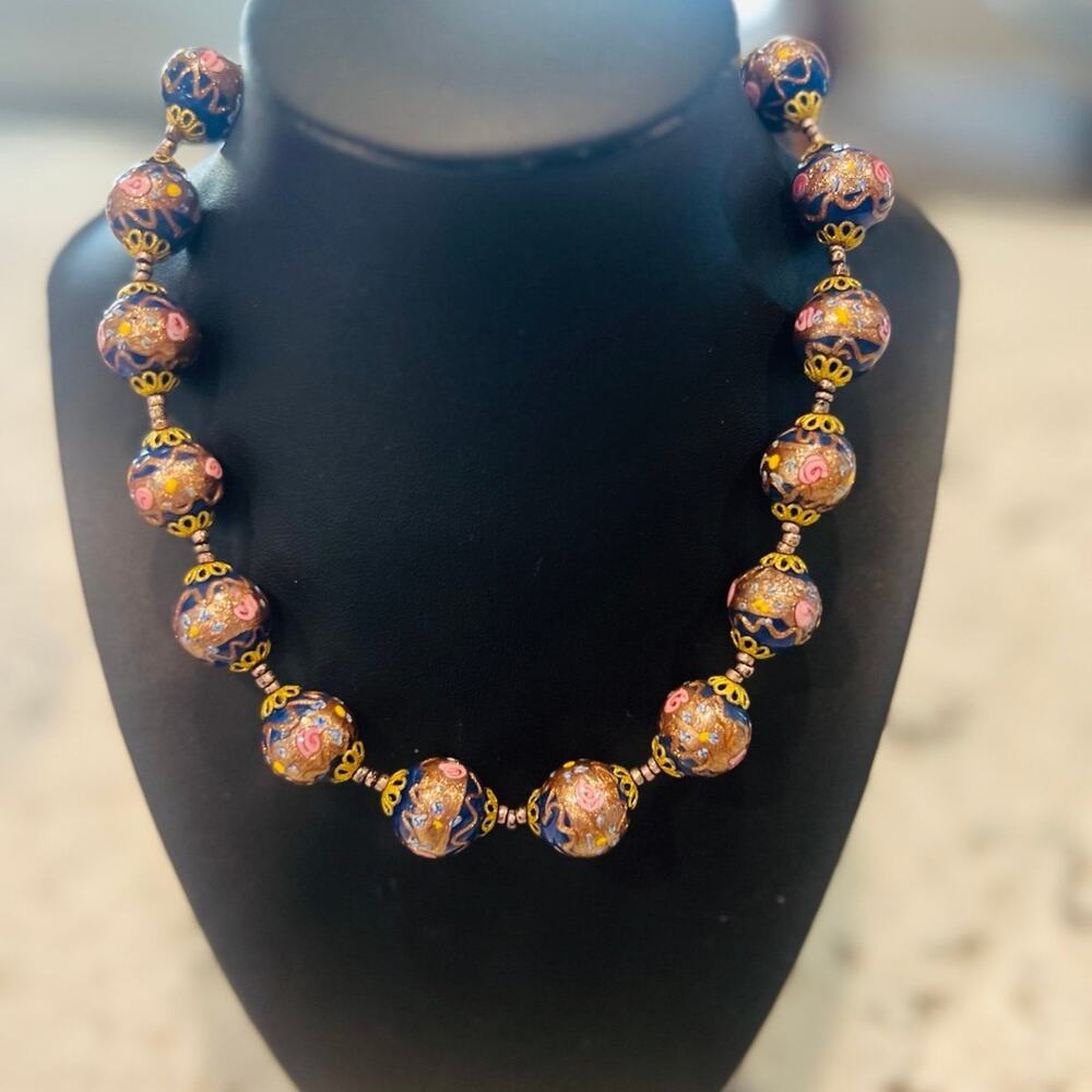 Art Deco Venetian Murano Italy Blue & Pink Wedding Cake Glass Beads Necklace